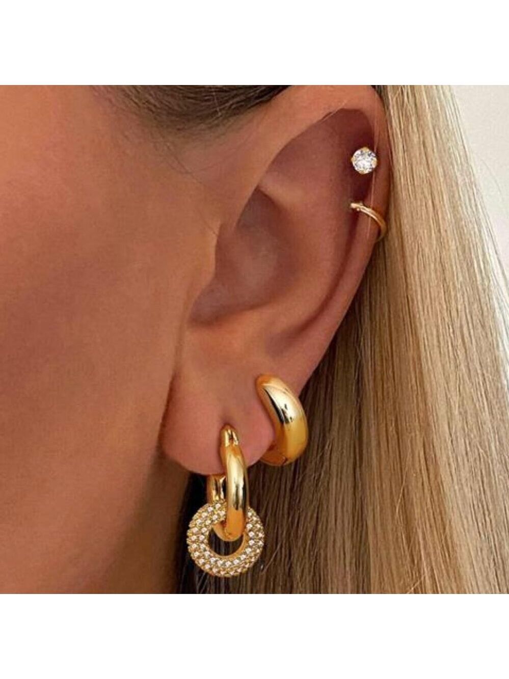 3 Pairs 14K Gold Plated Stackable Earrings Set Huggie Hoop Earrings - Picture 3 of 7